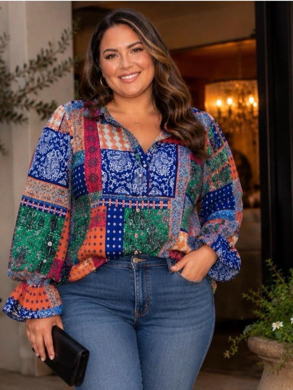 Calvin Klein Women's 2X Patchwork Print V-Neck Blouse with Ruffle Sleeves Boho